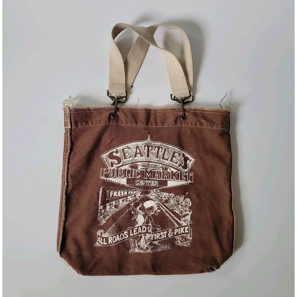 Authentic Pigment Canvas Shopper Tote Brown Seattle Public Market‎ Graphic Vegan